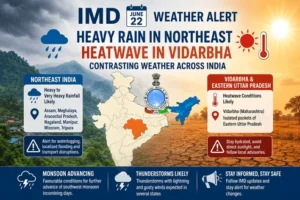 IMD June 22 Weather Forecast: Heavy Rain Alert for Northeast, Heatwave in Vidarbha