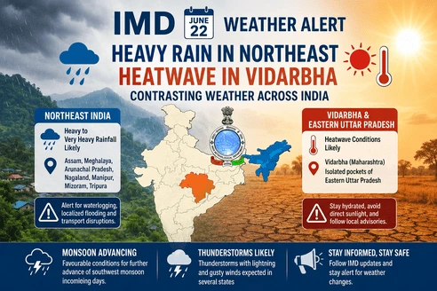 IMD June 22 Weather Forecast: Heavy Rain Alert for Northeast, Heatwave in Vidarbha