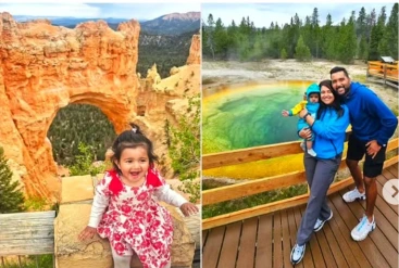Indian-origin toddler Aarya with her parents during their visit to a US national park as part of their Guinness World Records attempt