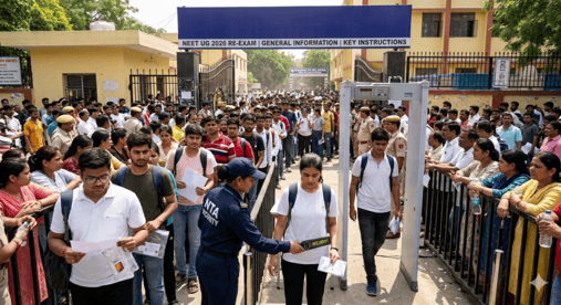 NEET UG 2026 re-exam candidates standing in queue outside the examination center entrance passing through NTA security checkpoints and metal detectors.