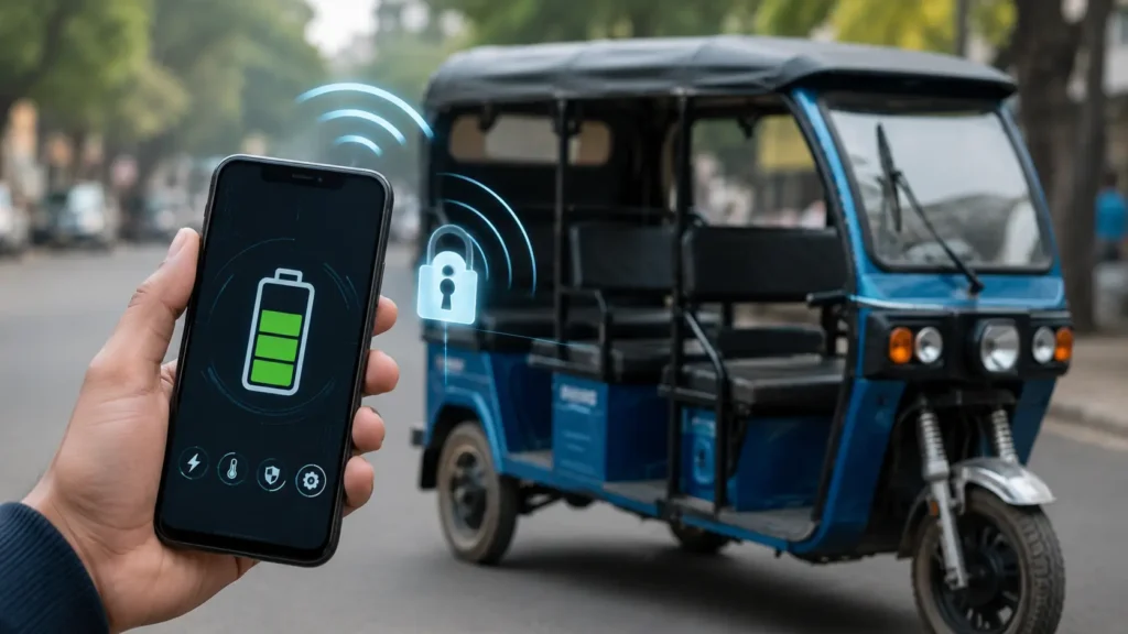 Smartphone displaying the BAT-BMS App beside an electric rickshaw to illustrate battery management system security concerns