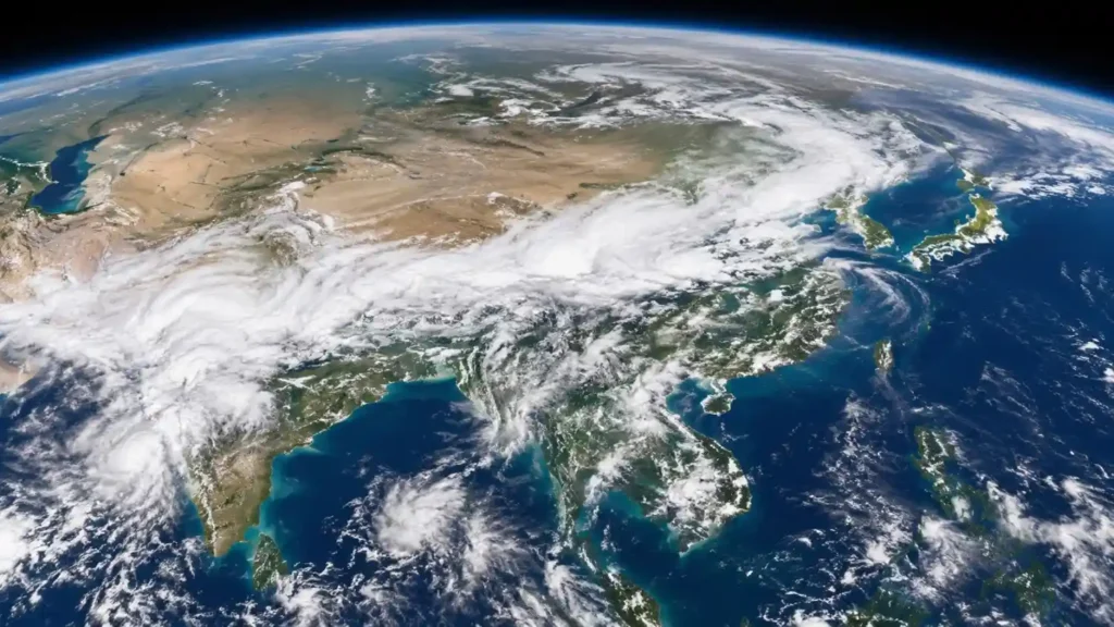 Satellite view of the 10,000 km monsoon rain cloud stretching from India to South Korea during the active monsoon