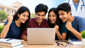 Students checking the NEET UG 2026 result after the National Testing Agency declared the medical entrance exam results.